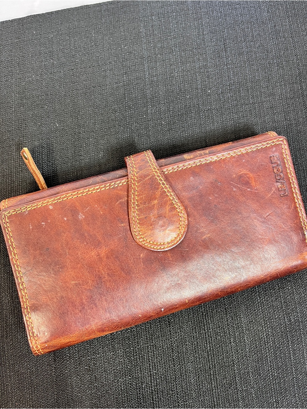 LEVOGUE Vtg Genuine Leather RFID Blocking Trifold Long Wallet Distressed Brown